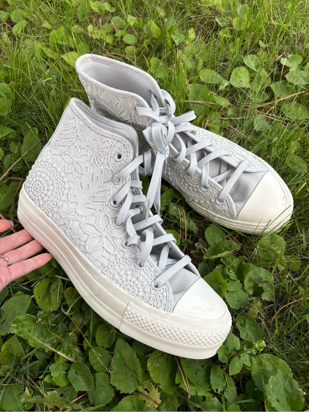 Converse Lace-Embroidered High-Top Sneakers in Light Gray